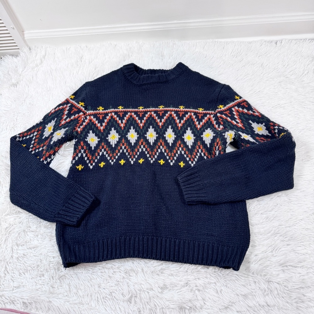 Zara Boy's long sleeve chunky‎ knit fair isles sweater crew neck navy blue